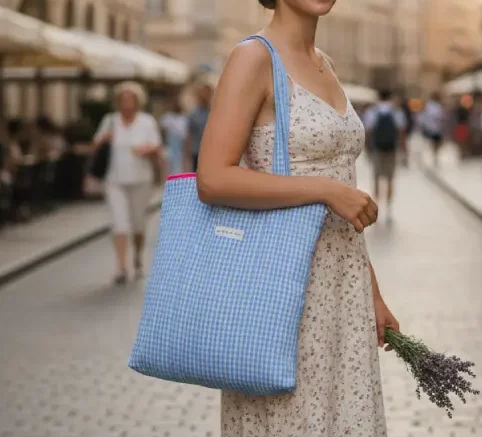Bolsa de estilo tote en cuadros vichy azul y blanco. Tiene asas largas para llevar cómodamente al hombro y una original cremallera de color fucsia que aporta un toque alegre y moderno. Ideal para el día a día, llevar libros o ir a la compras . Material: algodón.
