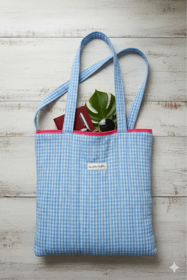 Bolsa de tela estilo tote de cuadros vichy azul y blanco, con cremallera rosa fucsia