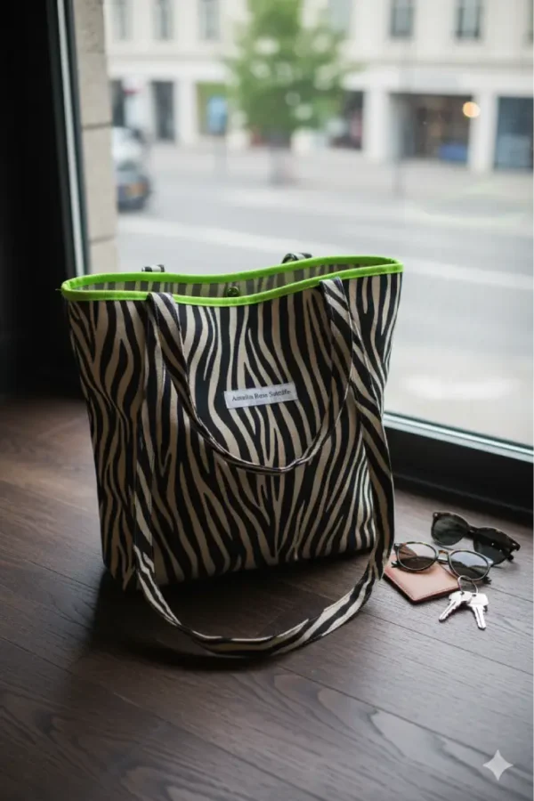 Bolsa de tela con estampado cebra y cremallera verde fluorescente, tote bag moderna de algodón hecha a mano, bolsa sostenible y reutilizable para mujer con estilo urbano.