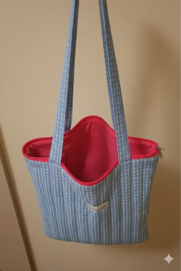 Bolsa de tela tote bag vichy azul y blanca