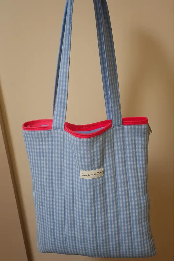 Bolsa de tela tote bag vichy azul y blanca