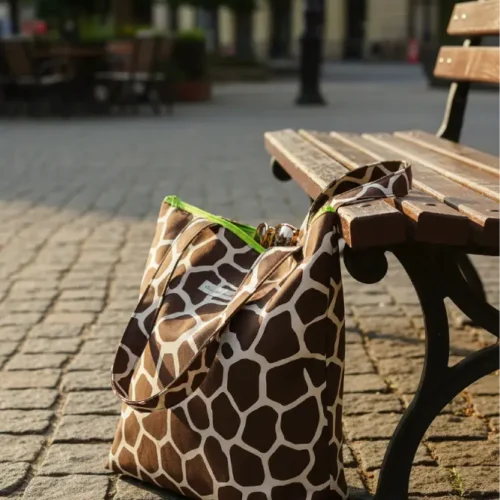 Bolsa de tela con estampado de jirafa y cremallera verde fluorescente, tote bag de algodón para mujer.
