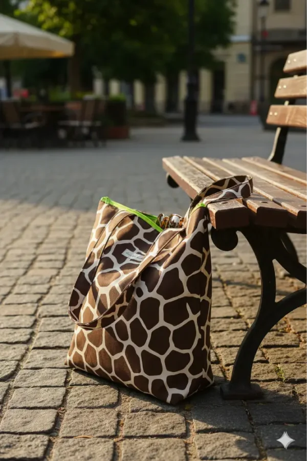 Bolsa de tela con estampado de jirafa y cremallera verde fluorescente, tote bag de algodón para mujer.