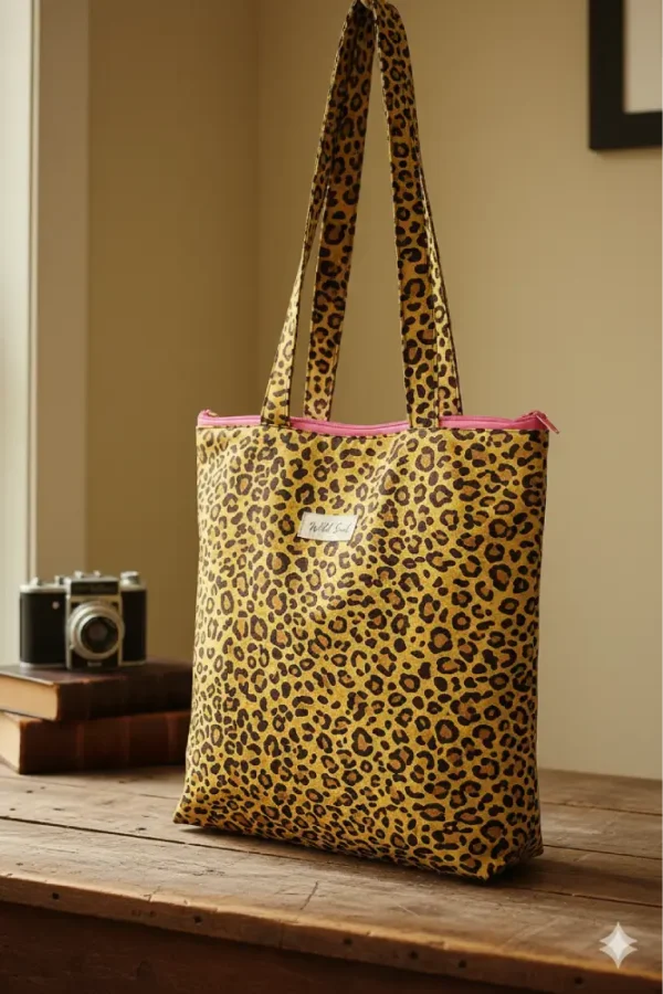 Bolsa estilo tote estampado leopardo Bolsa de tela con estampado de leopardo y cremallera rosa, tote bag de algodón sostenible y reutilizable para mujer, bolsa hecha a mano con diseño animal print moderno.