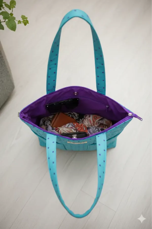 Bolsa lunares azul (2) Bolsa de tela estilo tote bag azul con lunares azul marino