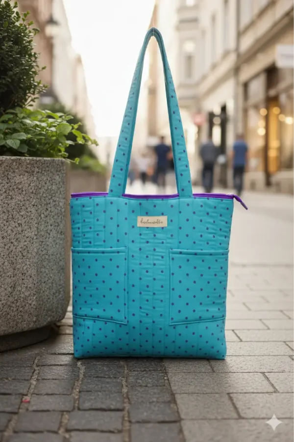 Bolsa de tela estilo tote bag azul celeste con lunares azul marino Bolsa de tela azul celeste con lunares azul marino y cremallera morada, tote bag de algodón, bolsa sostenible para mujer con diseño elegante y original.