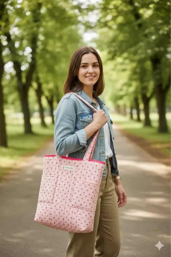 Bolsa de tela estilo tote rosa con lunares azul marino