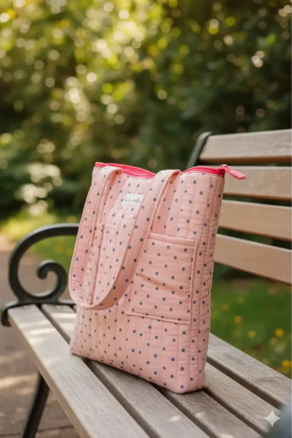 Bolsa de tela estilo tote rosa con lunares azul marino