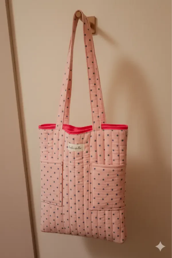 Bolsa de tela rosa con lunares pequeños azules y cremallera rosa fucsia, tote bag de algodón para mujer con diseño alegre y moderno