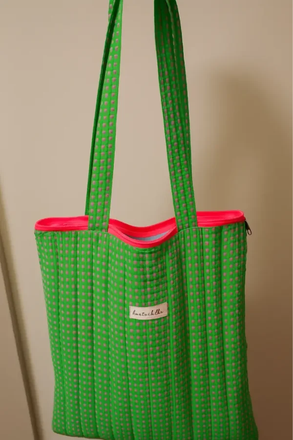 Bolsa de tela tote bag vichy verde y rosa