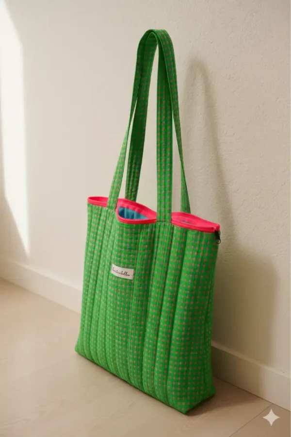 Bolsa de tela vichy verde y rosa con cremallera fucsia ,tote bag de algodón para mujer ideal para el día a día.