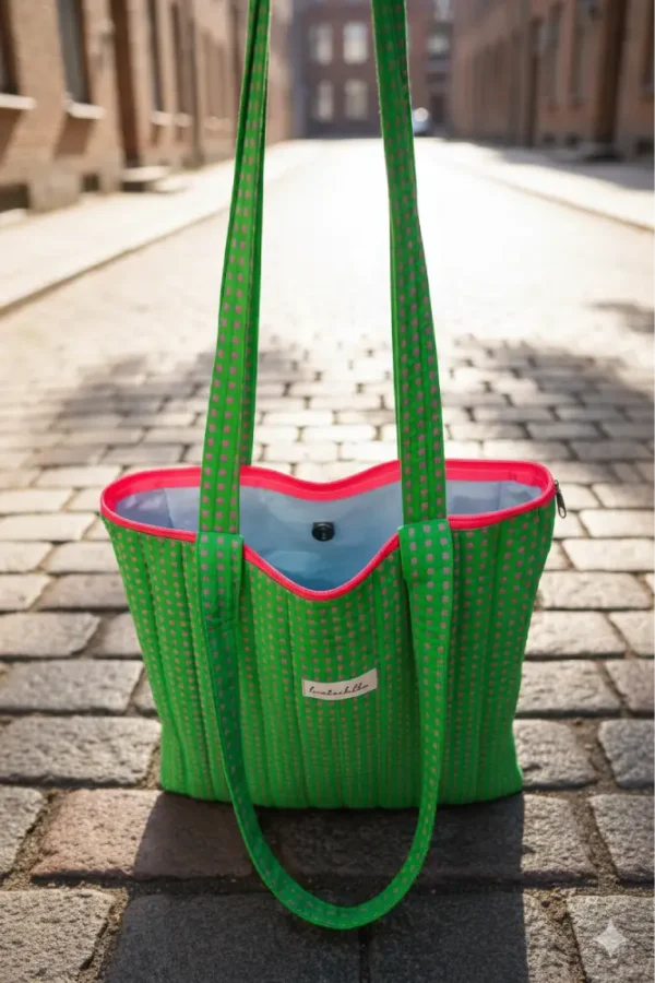 Bolsa de tela tote bag vichy verde y rosa