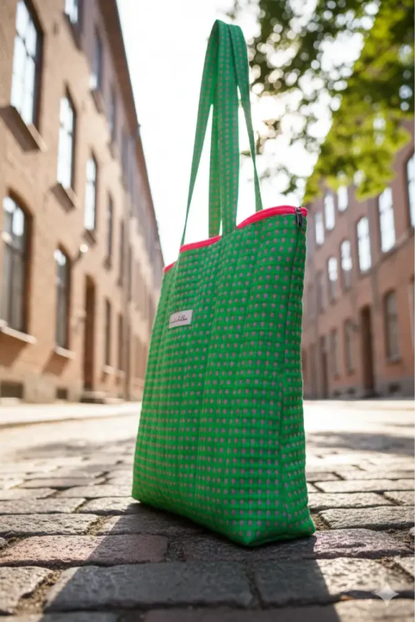 Bolsa de tela tote bag vichy verde y rosa