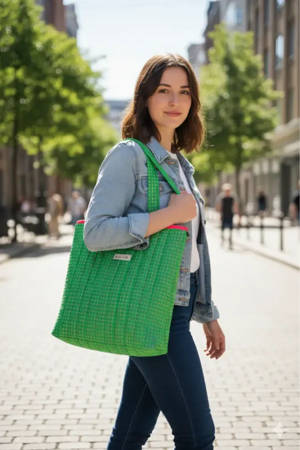 Bolsa de tela tote bag vichy verde y rosa