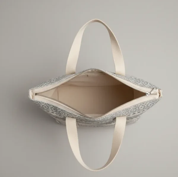 Bolso estilo tote de algodón con estampado étnico Bolso tote de algodón con patrón geométrico en tonos neutros (crudo/gris azulado). Bolso de hombro resistente con cierre de cremallera. Compra tu bolso casual diario.