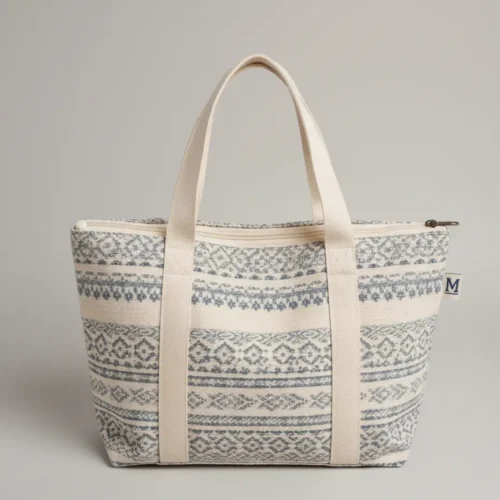 Bolso tote de algodón con patrón geométrico en tonos neutros (crudo/gris azulado). Bolso de hombro resistente con cierre de cremallera. Compra tu bolso casual diario.