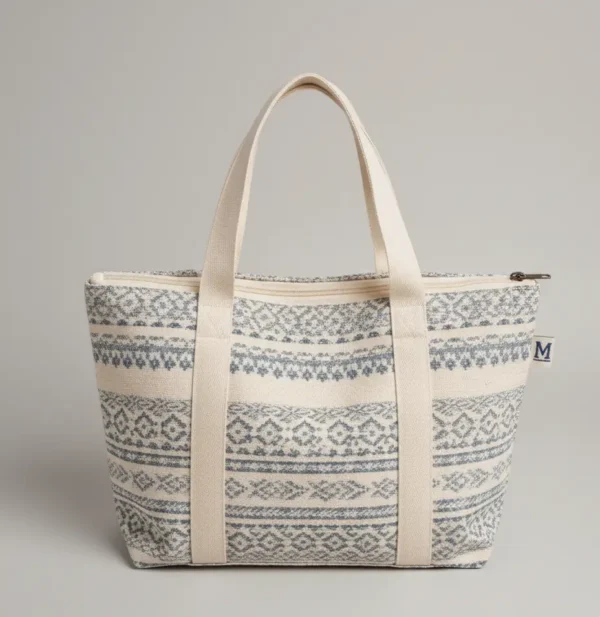 Bolso estilo tote de algodón con estampado étnico Bolso tote de algodón con patrón geométrico en tonos neutros (crudo/gris azulado). Bolso de hombro resistente con cierre de cremallera. Compra tu bolso casual diario.
