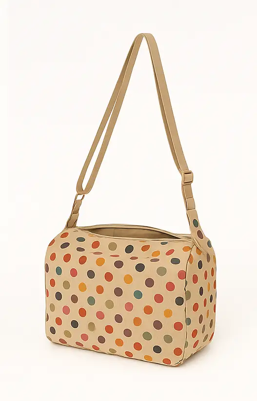 Bolso bandolera de tamaño medio con lunares de colores sobre fondo beige y cremallera frontal. Bolso cruzado de lona para uso diario. Estilo casual, divertido y original.