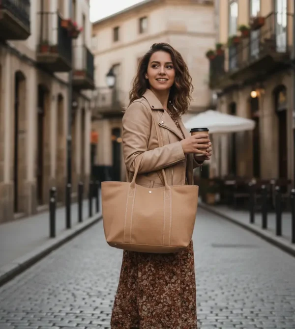 Bolso tote grande en color beige o camel. Bolso de hombro elegante y minimalista, perfecto para trabajo y uso diario. Material de alta calidad con gran capacidad.