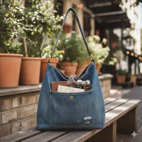 Bolso boho de tela vaquera (denim) estilo casual con bolsillo y detalles de desgaste. Ideal para el día a día. Cómodo, suave y con gran capacidad.