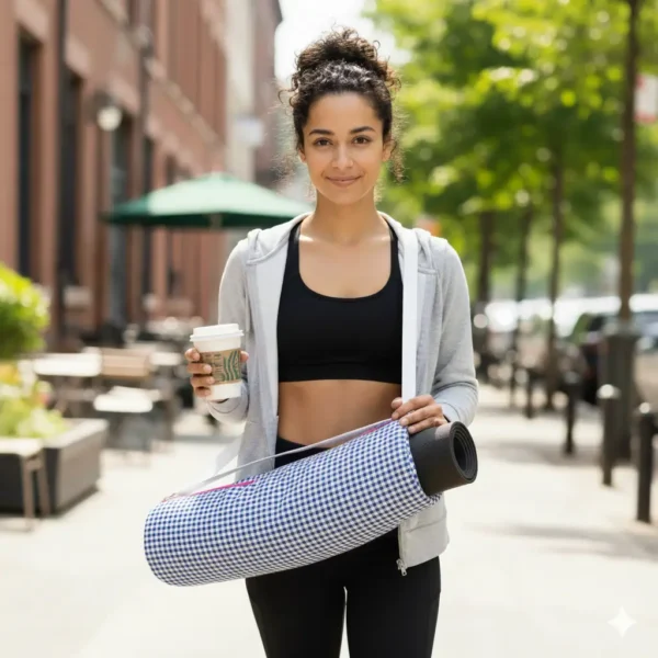 Bolsa porta esterilla de yoga estampado vichy azul y blanco