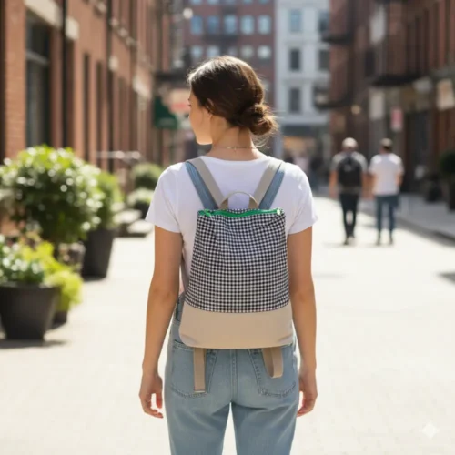 Mochila de tela con estampado de cuadros vichy negro/blanco y base de lona beige. Cierre de cremallera neón. Mochila casual y ligera para el día a día.