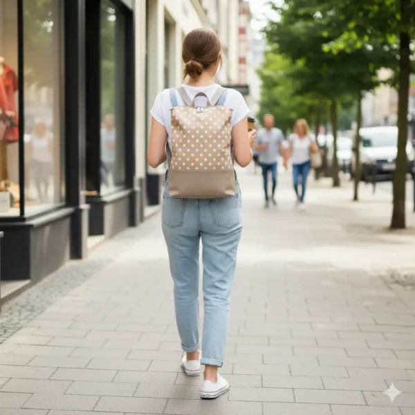 Mochila pequeña de lona con estampado lunares blancos sobre fondo beige. Tirantes ajustables beige. Mochila casual y ligera, ideal para uso diario.