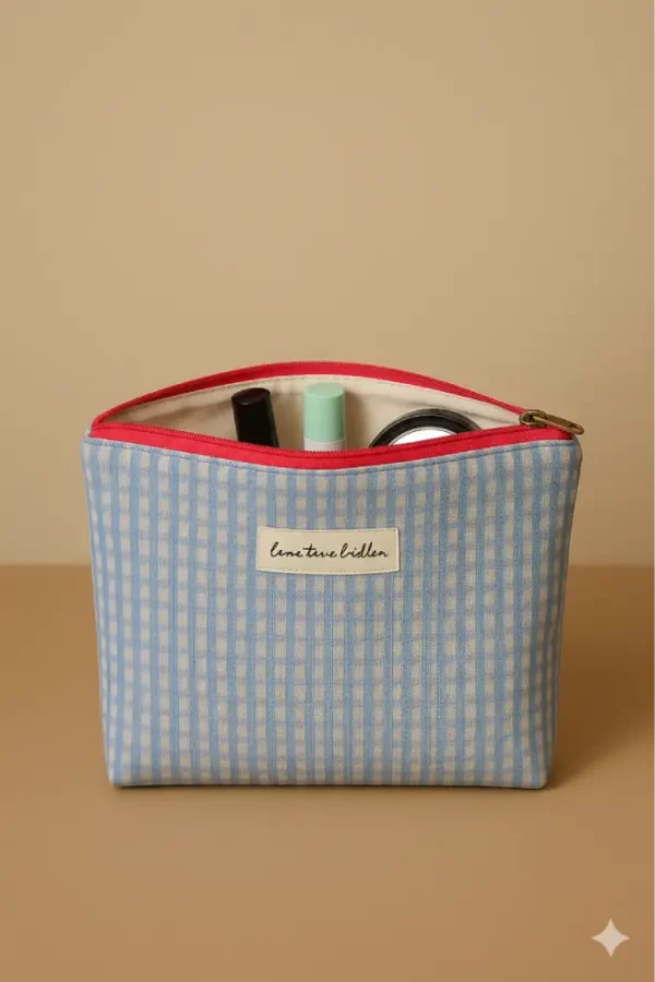 Neceser de tela con estampado de cuadros vichy azul y cremallera rosa fucsia Neceser de tela estampado cuadros vichy azul y blanco. Necesario de viaje o maquillaje con cremallera rosa fucsia. Estuche organizador compacto y ligero.