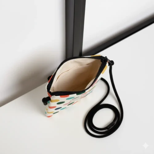 Bolso mini bandolera porta móvil con lunares de colores sobre fondo blanco. Accesorio ligero y divertido para llevar el teléfono y tarjetas. Estilo casual y veraniego.