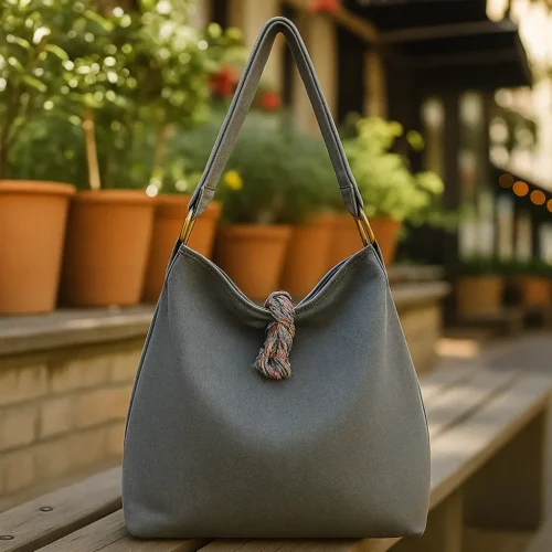 Bolso hobo de tela vaquera (denim) en color gris carbón. Bolso de hombro casual, suave y amplio, con bolsillo exterior. Perfecto para un estilo urbano y moderno.