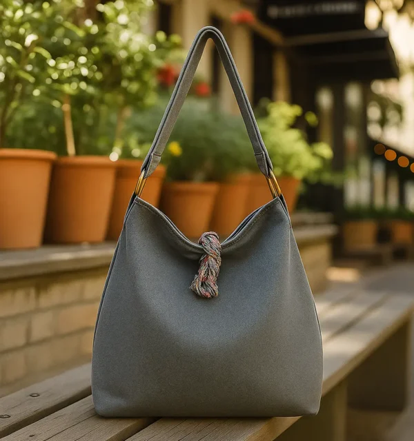 Bolso hobo de tela vaquera (denim) en color gris carbón. Bolso de hombro casual, suave y amplio, con bolsillo exterior. Perfecto para un estilo urbano y moderno.