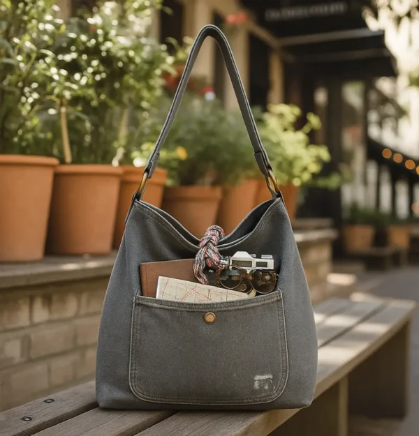Bolso hobo de tela vaquera (denim) en color gris carbón. Bolso de hombro casual, suave y amplio, con bolsillo exterior. Perfecto para un estilo urbano y moderno.