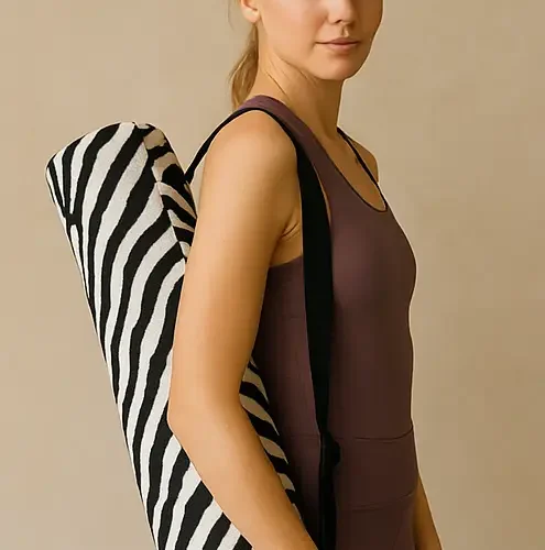 Bolsa de tela porta esterilla de yoga con estampado de cebra. Material de algodón, cómoda correa ajustable. Accesorio esencial para llevar tu esterilla de yoga.