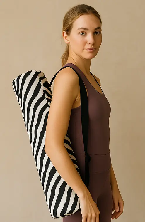 Bolsa de tela porta esterilla de yoga con estampado de cebra. Material de algodón, cómoda correa ajustable. Accesorio esencial para llevar tu esterilla de yoga.