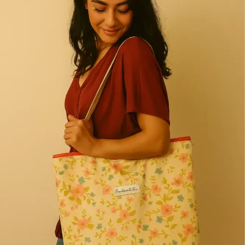 Bolsa tote de lona con estampado floral (rosa/azul) y cremallera fucsia. Bolso de hombro grande y resistente para uso diario. Estilo vintage y primaveral