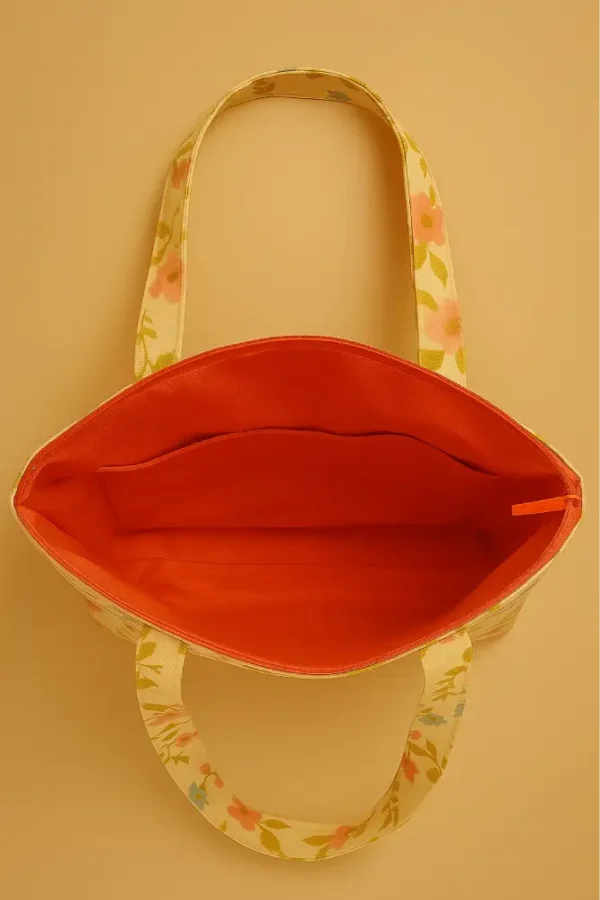 bolso flores naranja desde arriba Bolsa de tela tote bag floral con cremallera rosa fucsia