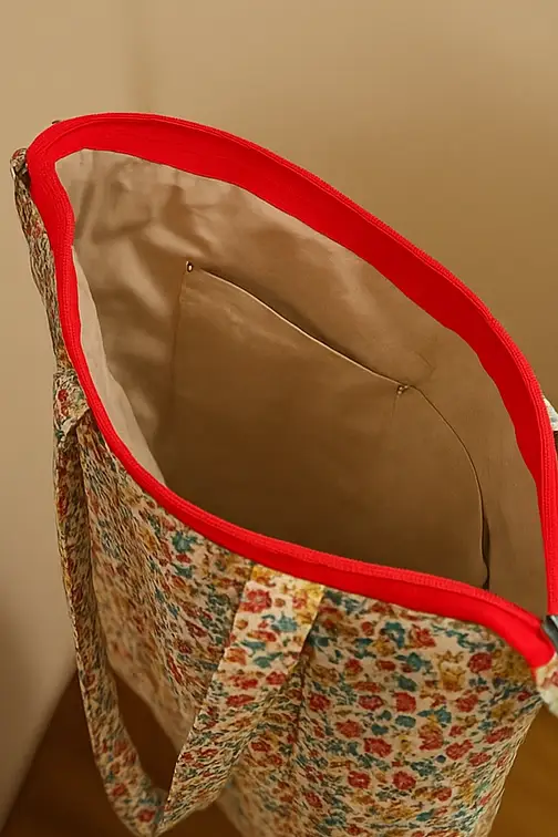 Bolsa de tela tote bag con estampado de flores pequeñas y cremallera roja