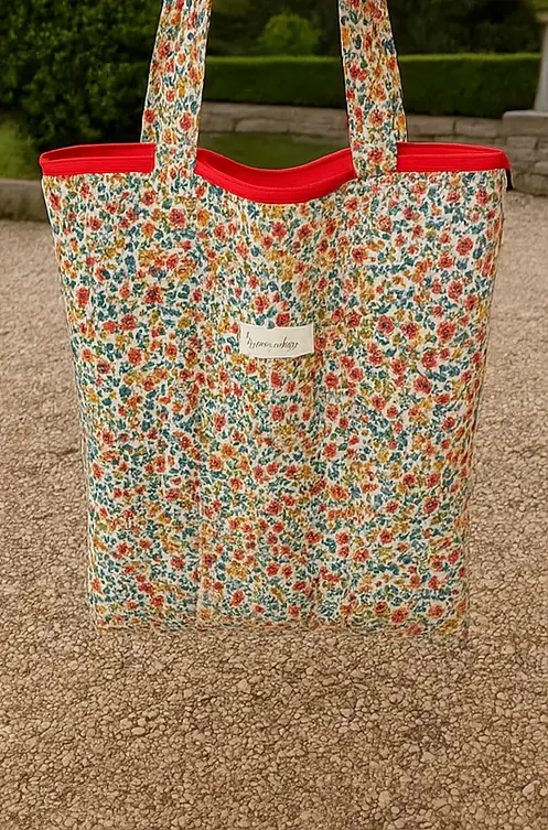 Bolsa de tela tote bag con estampado de flores pequeñas y cremallera roja
